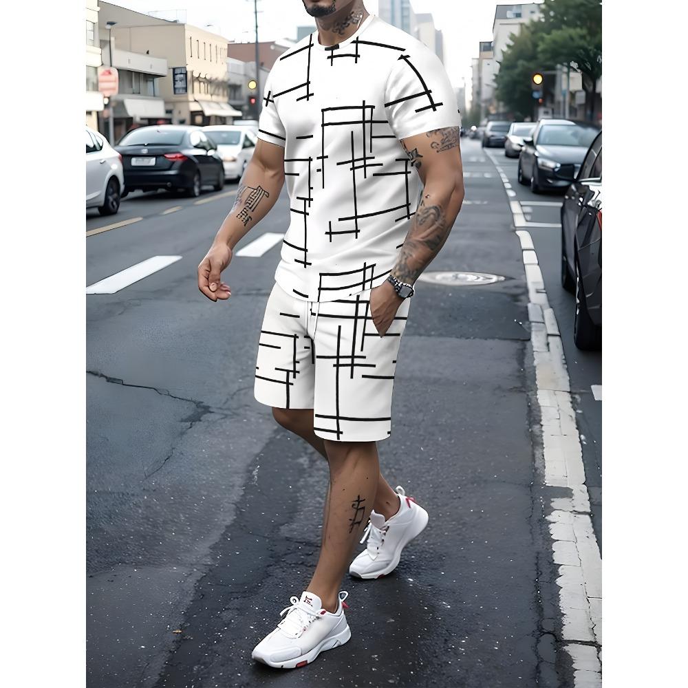 Men s Summer Comfortable Fashionable Letter Striped Pattern 3D Printed 2-piece Set Leisure Sports Style Loose Oversized Breathable Sports Wear S