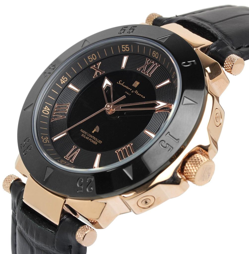 Salvatore Marra Pink Leather Men's Watch, Gold, Black, Radio-Controlled Solar, Strap, SM18112S-PGBK