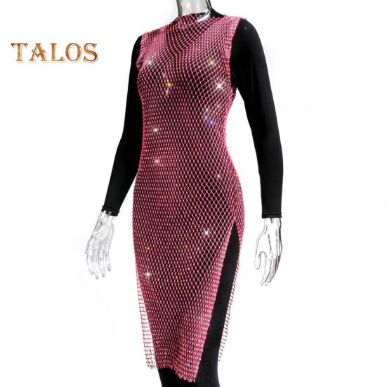 Vestido de rede de pesca com strass brilhante feminino sexy com fenda lateral vazada vestido de praia sem mangas lantejoulas festa biquíni saia