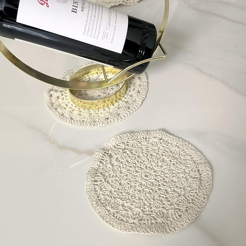 

Round vintage lace table mat hollow embroidery coaster shooting decoration props soft cotton home fabric Apricot
