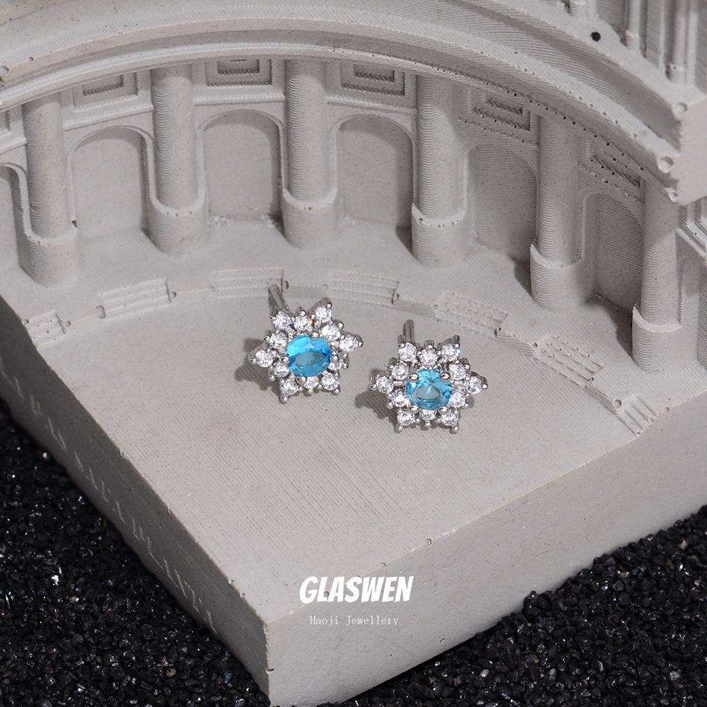 Boucles d'oreilles puces Flocon de neige Zircon bleu - Accessoire de luxe Automne/Hiver pour femmes