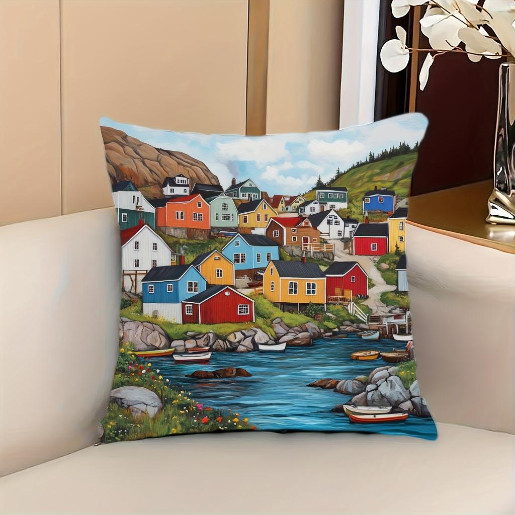 Colorful Coastal Fishing Village Pillow Cover Norwegian Fjord House Print Cushion Case Nautical Seaside Home Decor