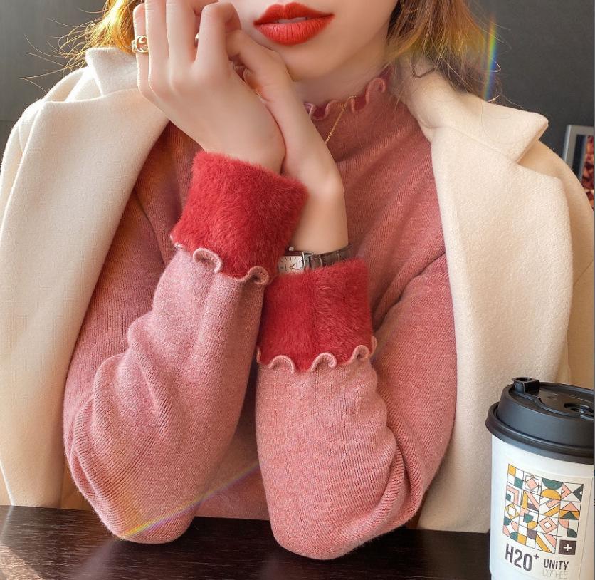 Women's Fleece-Lined Slim-Fit Pullover Sweater: Half-High Collar, Autumn/Winter Base Layer, Hot Item