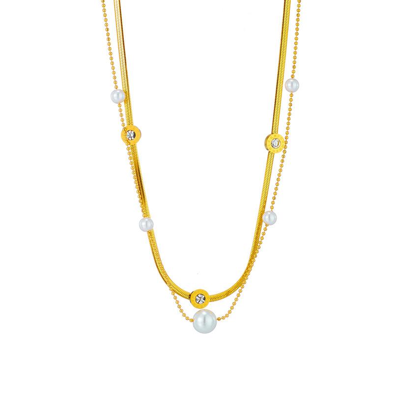 18K Gold Plated Double Layer Herringbone Necklace with Pearl CZ, Dainty Snake Chain Choker, Adjustable Jewelry for Women Daily Wear Gift