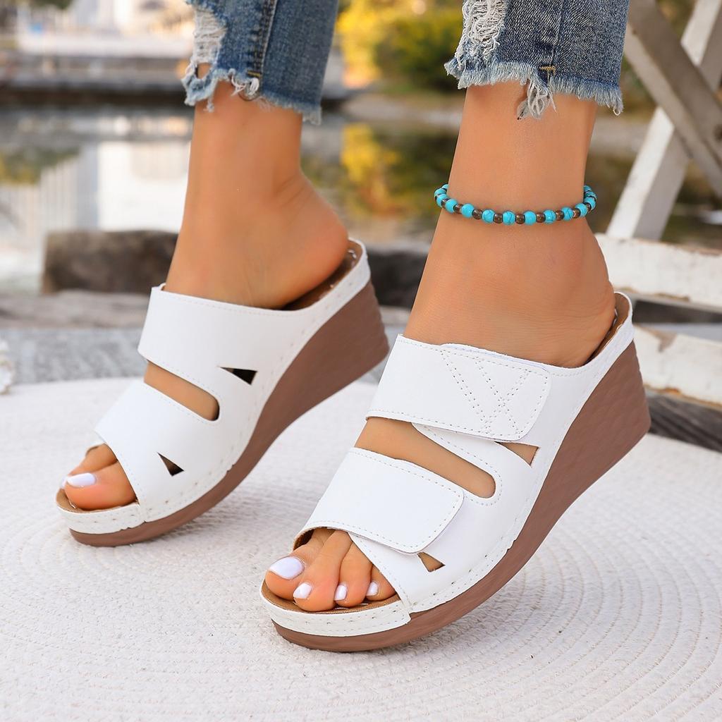 Women's Open Toe Wedge Sandals Slip On Slides Cork Platform Heeled Sandal Comfort Summer Beach Shoes Thick Sole Sandals Casual Dressy Slides for Women