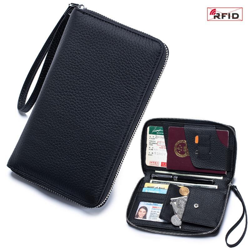 New anti-theft brush multi-function passport bag women s large-capacity leather long wallet, air ticket passport certificate storage bag чёрный