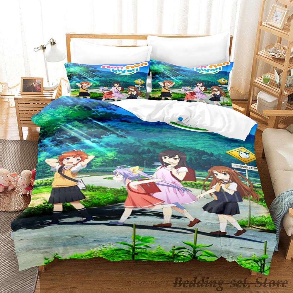 Non Non Biyori Bedding Set Single Twin Full Queen King Size Bed Set Adult Kid Bedroom Duvetcover Sets Anime Girls