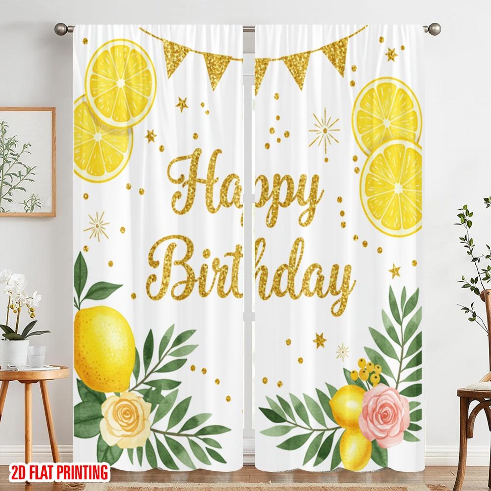 2pcs 2D flat printing Curtains Happy Birthday Lemon Party Fabric Without Electricity Festive Holiday for All Season celebrations