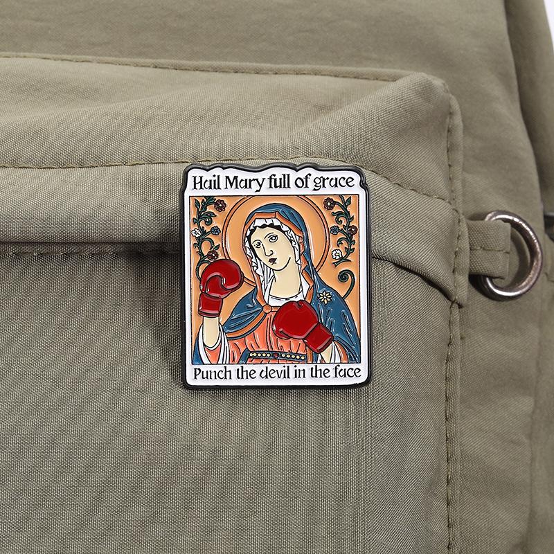 Hail Mary Full of Grace Punch the Devil In the Face Enamel Pin Virgin Mary Donning Boxing Gloves Catholic Badge Jewelry Gifts