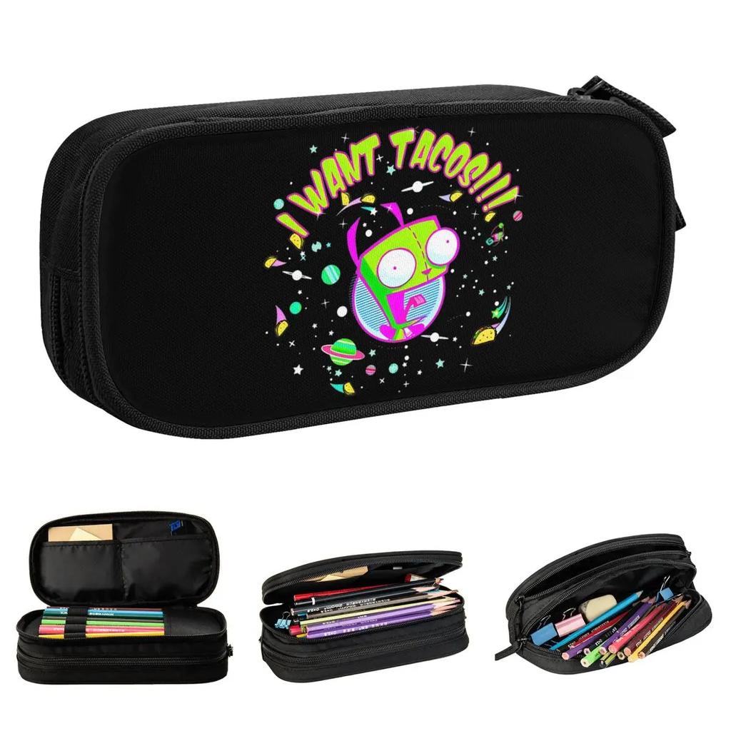 Invader Zim GIR I Want Tacos Space Pencil Case Pencil Box Pen Holder Kids Big Capacity Bags Office Zipper Stationery