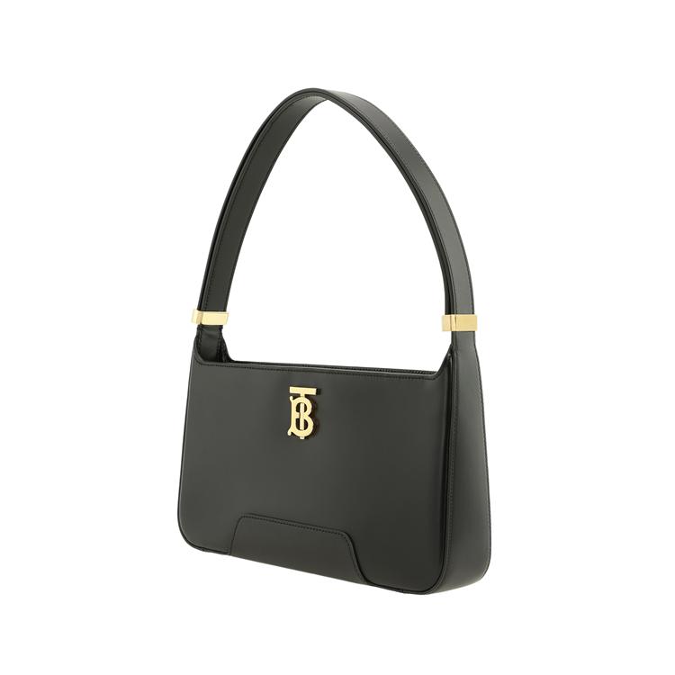 Burberry Black Leather TB Monogram Hobo Shoulder Bag With Gold Hardware For Daily Use