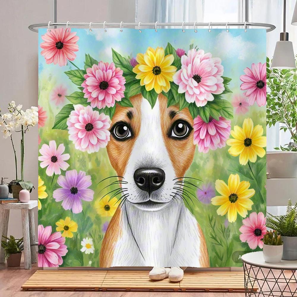 watercolor flowers and plants dog animal shower curtain Print polyester waterproof bathroom curtains with hook decorate curtain