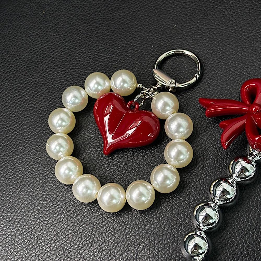 Cinese Carino Fiocco Perline Ciondolo Cuore D'Amore Portachiavi per Telefono Cordino Cavo Per iPhone Regalo Ragazza Gioielli Decorazione da Appendere alla Borsa