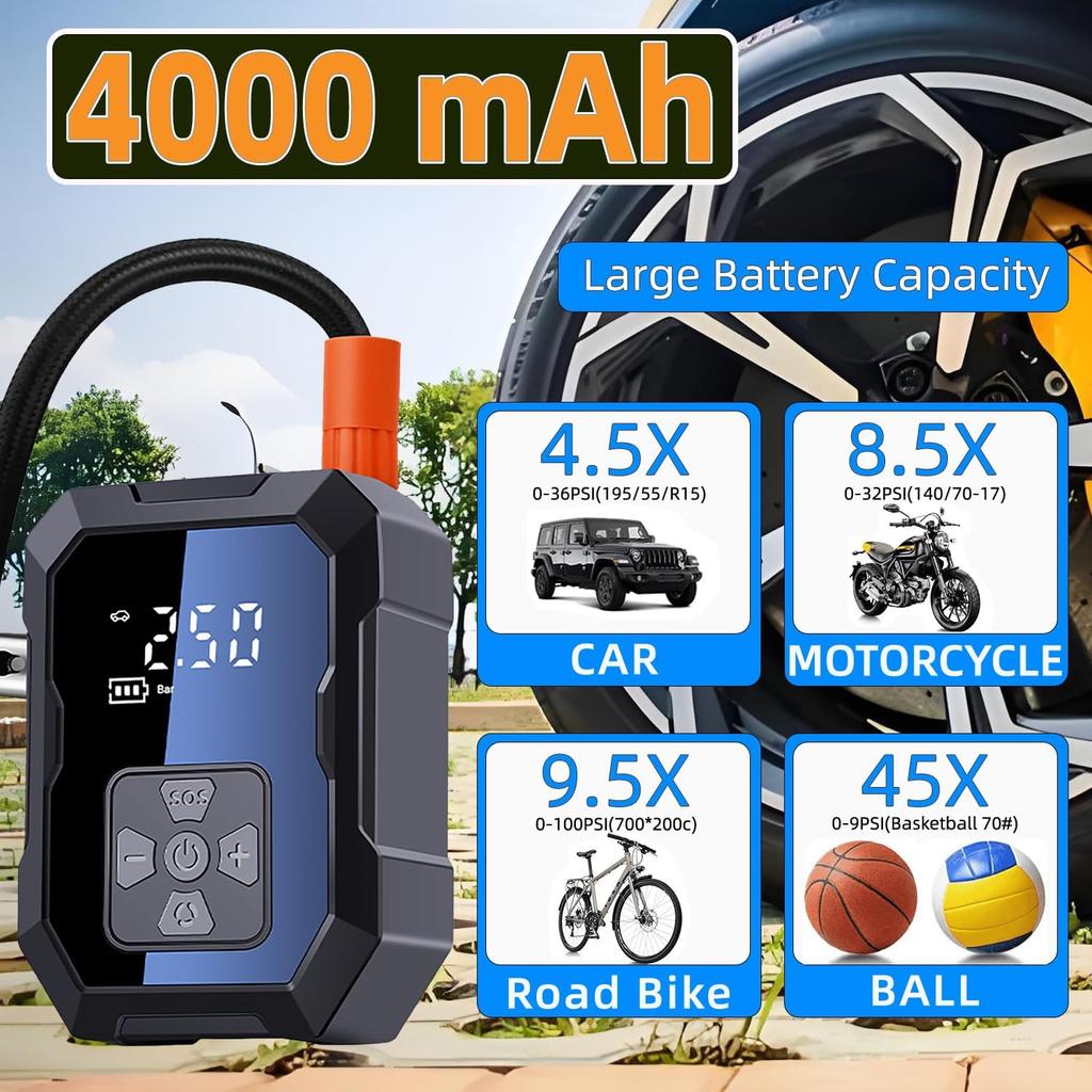 Tire Inflator Portable Air Compressor For Car, Ball Basketball Pump For Sports Balls Auto For Car Tires Bicycle W Gauge Values Display, 150PSI Power