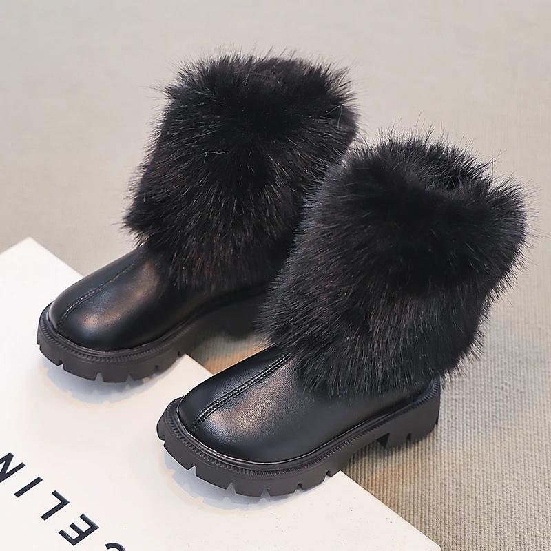 Girls Short Boots Children Fashion Leather Boots British Style Kids Princess Boots Thick Warm Plush Fur 2024 Autumn Winter New