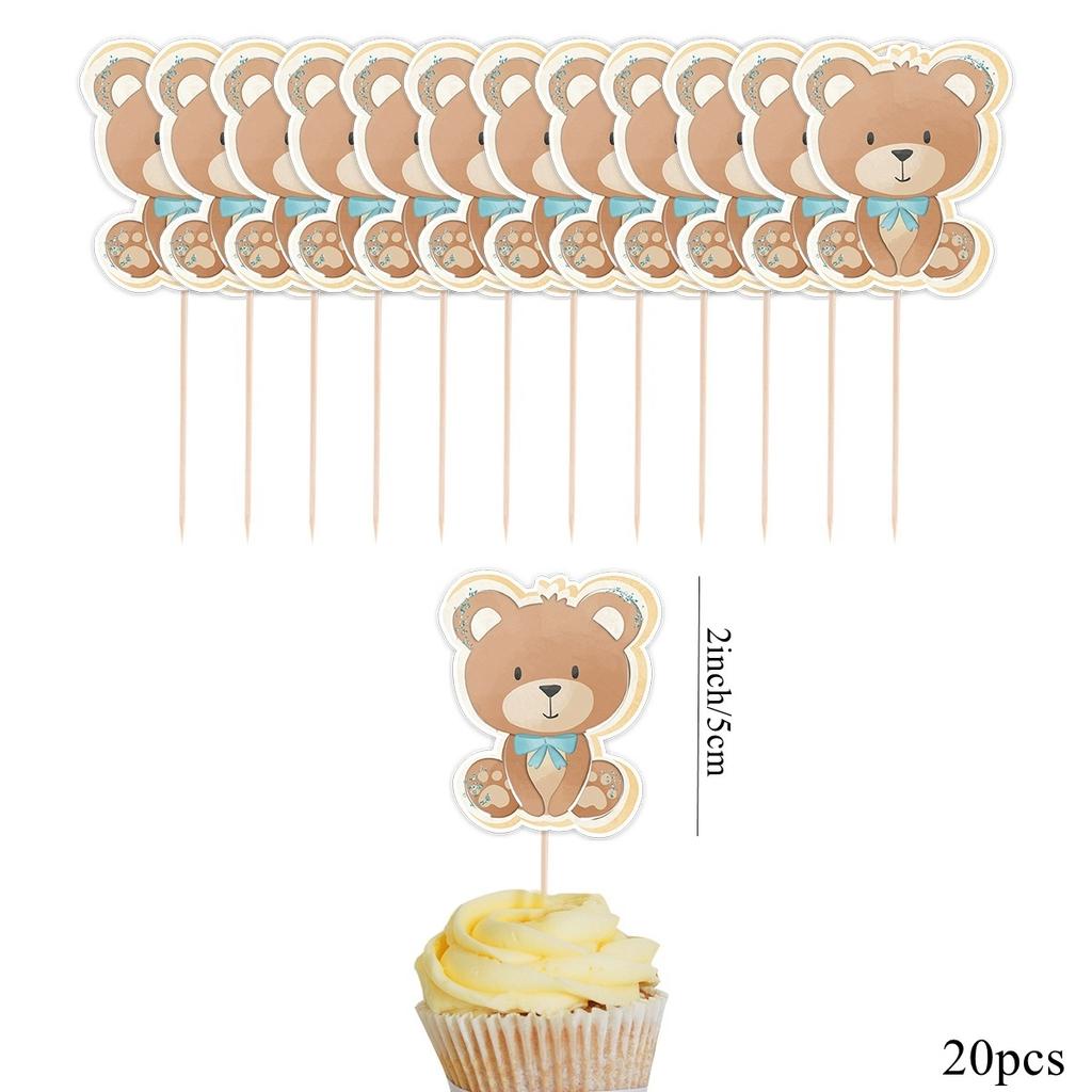 20pcs Carton Bear Cupcake Toppers Blue Pink Topper for Kids Baby Shower Bear Happy Birthday Party Decorations DIY Cake Supply