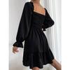 Women European Style Square Neck Ruffle Hem Long Sleeve Loose Casual Dress