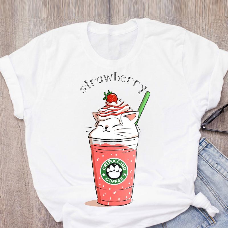 Cat Coffee Paw Strawberry Women's T-Shirts Cute Cartoon Top Female T Shirt Summer Funny Clothes O-Neck Ladies Tee Tops Shirts