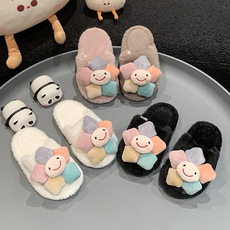Cute Girls Winter Fur Slippers Fashion Flower Trend Kids Cotton Shoes Non-slip Soft Fluffy Versatile Children Warm Home Slippers