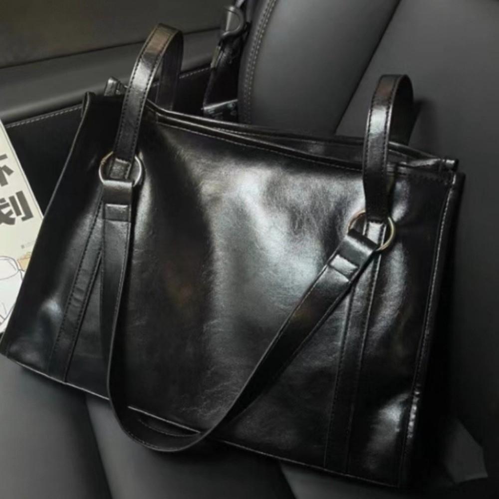 Large Capacity PU Leather Shoulder Bag College Student Large Handbag Black Tote Bag  Girls Gift