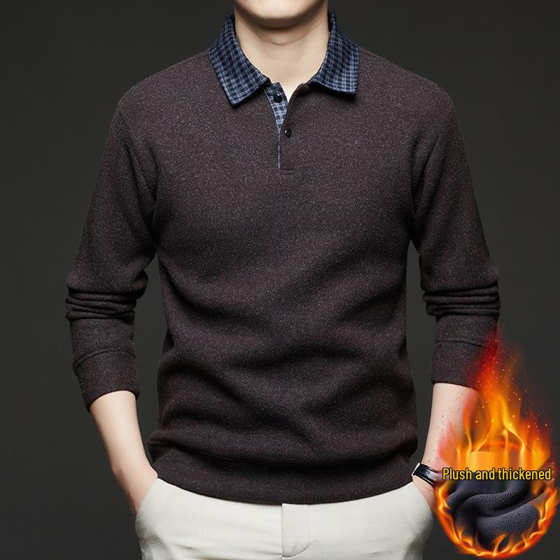 2025 Fall/Winter Men's Faux Two-Piece Sweater - Plus Velvet, Solid Color, Warm Knit Base Layer for Middle-Aged Dads