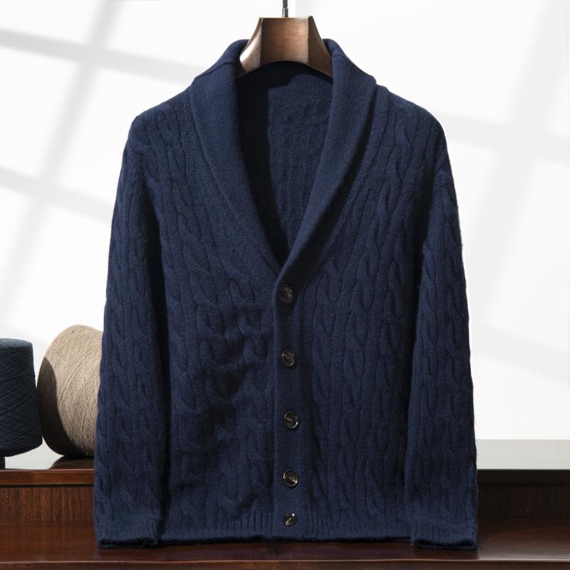 Men's Soft Cashmere Cardigan: Skin-Friendly, Thick Cable Knit, Shawl Collar Sweater.