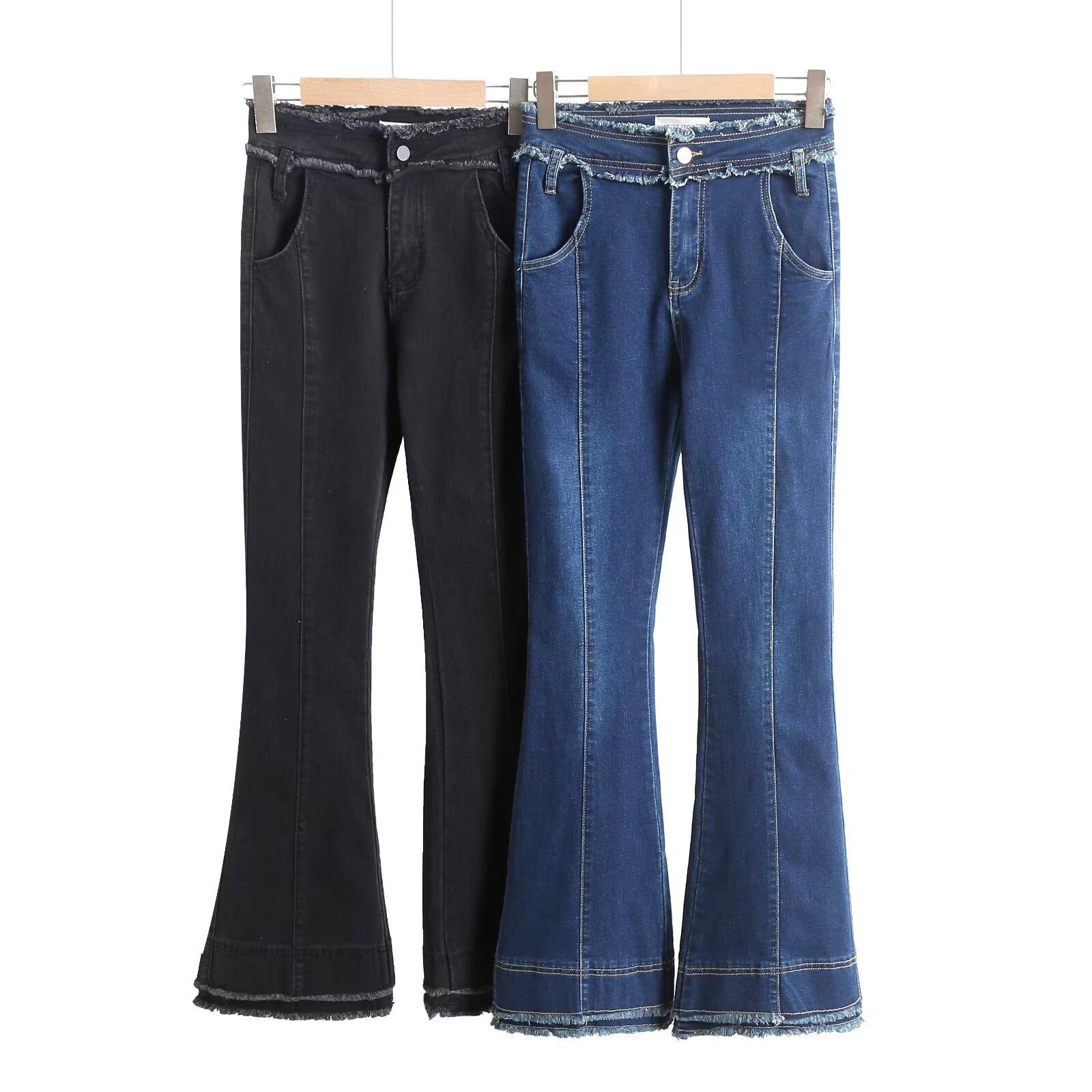 

2025 Spring Women s Slim High-Waisted Elastic Raw Hem Micro-Flare Jeans Large