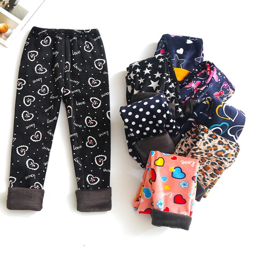 Girls' Fleece-Lined Leggings: Autumn/Winter Children's Printed Slim-Fit Thermal Pants - Outerwear Long Pants