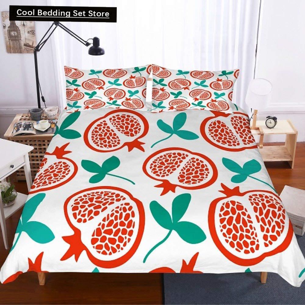 Red Pomegranate King Queen Duvet Cover Summer Tropical Fruit Bedding Set for Adults Green Leaves 2/3pcs Polyester Quilt Cover