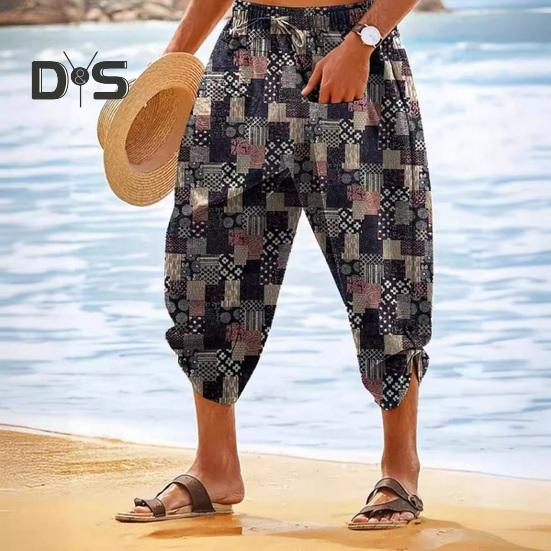 

Летние укороченные брюки с винтажным принтом на шнурке с эластичной резинкой на талии Свободные карманы Повседневная повседневная одежда Пляжные брюки Спортивные штаны до середины икры M хаки