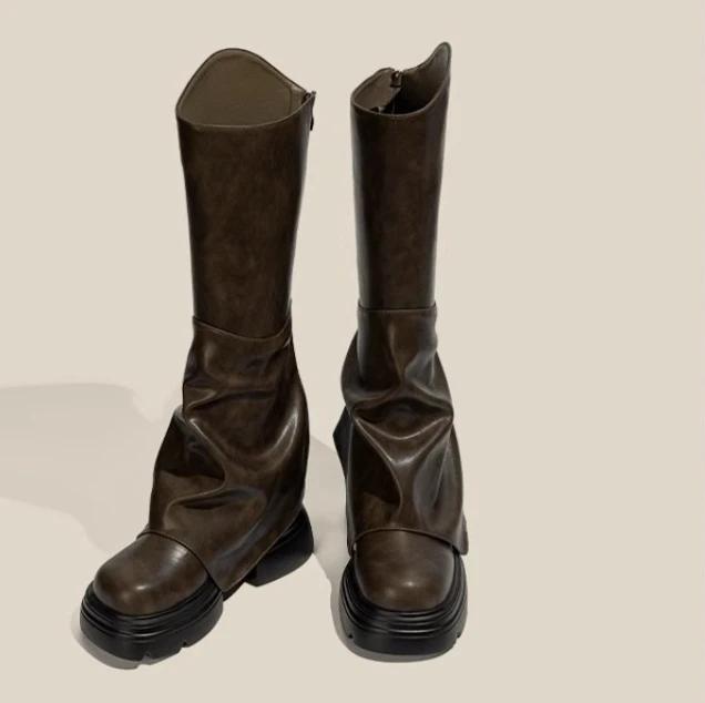 Women's Fashion Pantyhose Boots New V Mouth Round Toe Zipper Thick Bottom Niche Tall Boots Comfortable Rider Boots Women Shoes