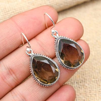 Impresionante pendiente de joyería de plata esterlina sólida 925 hecho a mano con piedras preciosas de topacio ahumado para regalo de boda