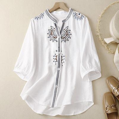 Summer Vintage Loose Embroidered Floral Stand Up Collar Five Quarter Sleeved Shirt Women