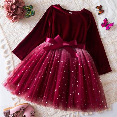 Girls Fashion Sweet Dress Autumn Winter Children Long Sleeve One-piece Star Gradient Mesh Princess Dress Christmas Red Dress