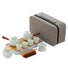 Jade Green Travel Tea Set: One Pot, Four Cups, with Wooden Side Handle and Tea Caddy.