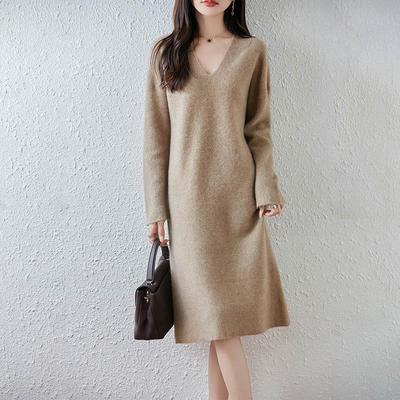 2025 Neues Koreanisches V-Ausschnitt Strickwollkleid in mittlerer Länge für Herbst & Winter