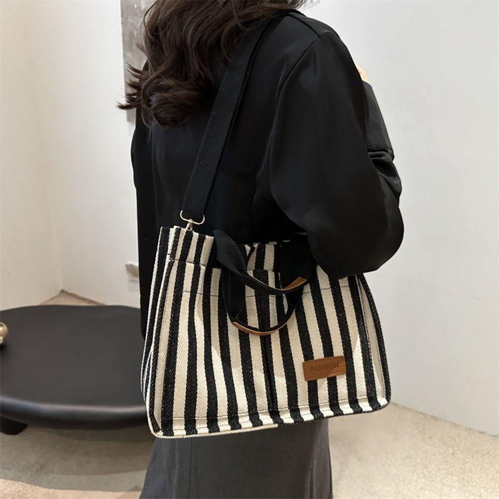 Large Capacity Shoulder Bag Simple Cloth Handbag Cute Stripe Canvas Tote Bag  Travel