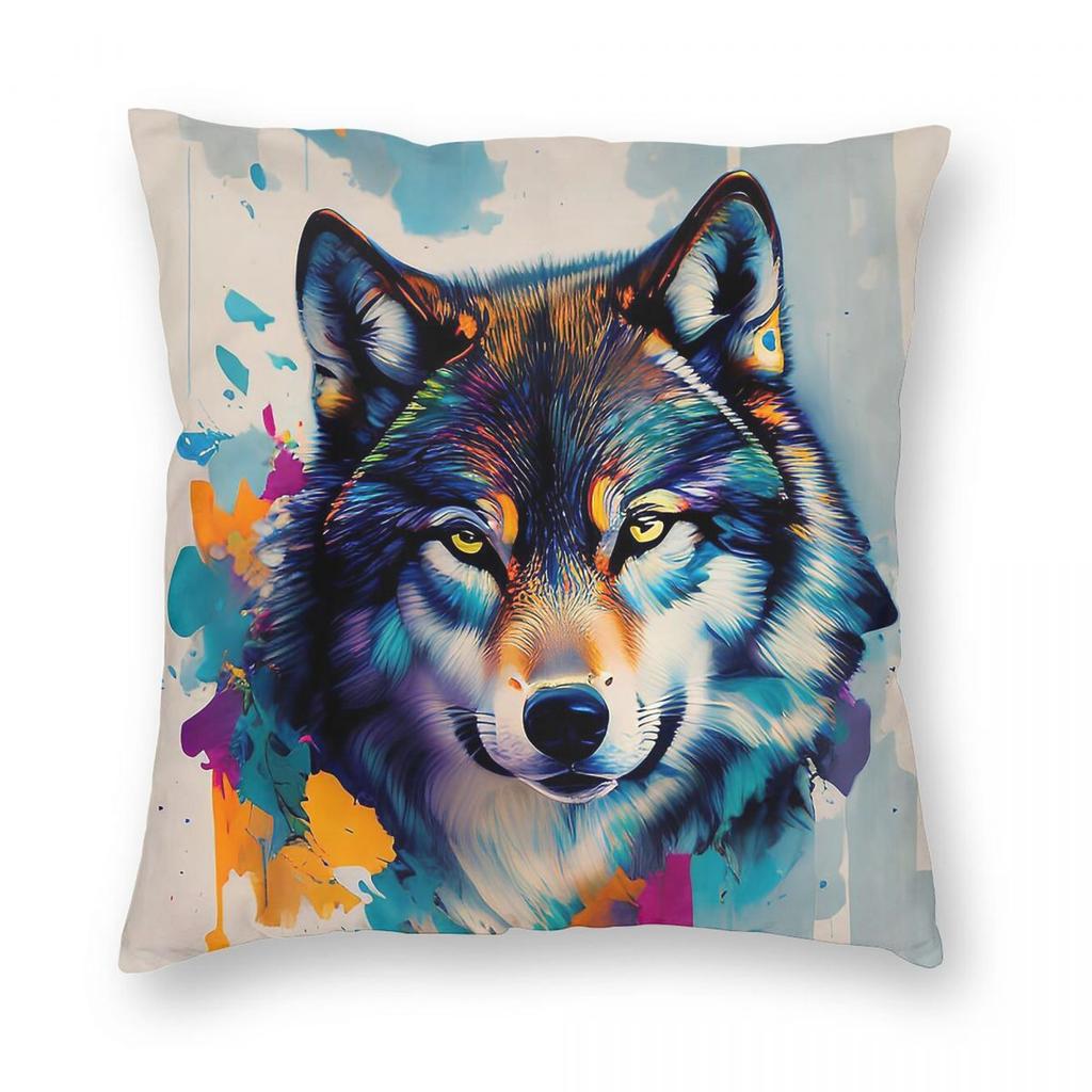 Wolf Watercolor Square Pillowcase Polyester Linen Velvet Pattern Zip Decor Bed Cushion Cover