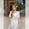 Slant Shoulder One-word Off-the-shoulder Letter Flower Print Short-sleeved T-shirt Women's Summer New Loose Temperament Design Top