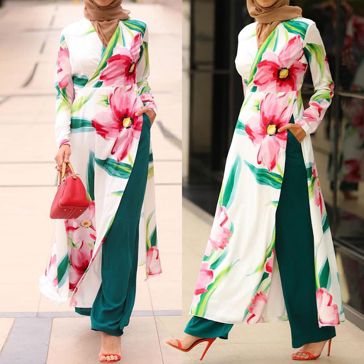 

M253# Мусульманский женский комплект из двух предметов: платье с V-образным вырезом, принтом и разрезом и брюки. Повседневный комплект. Large