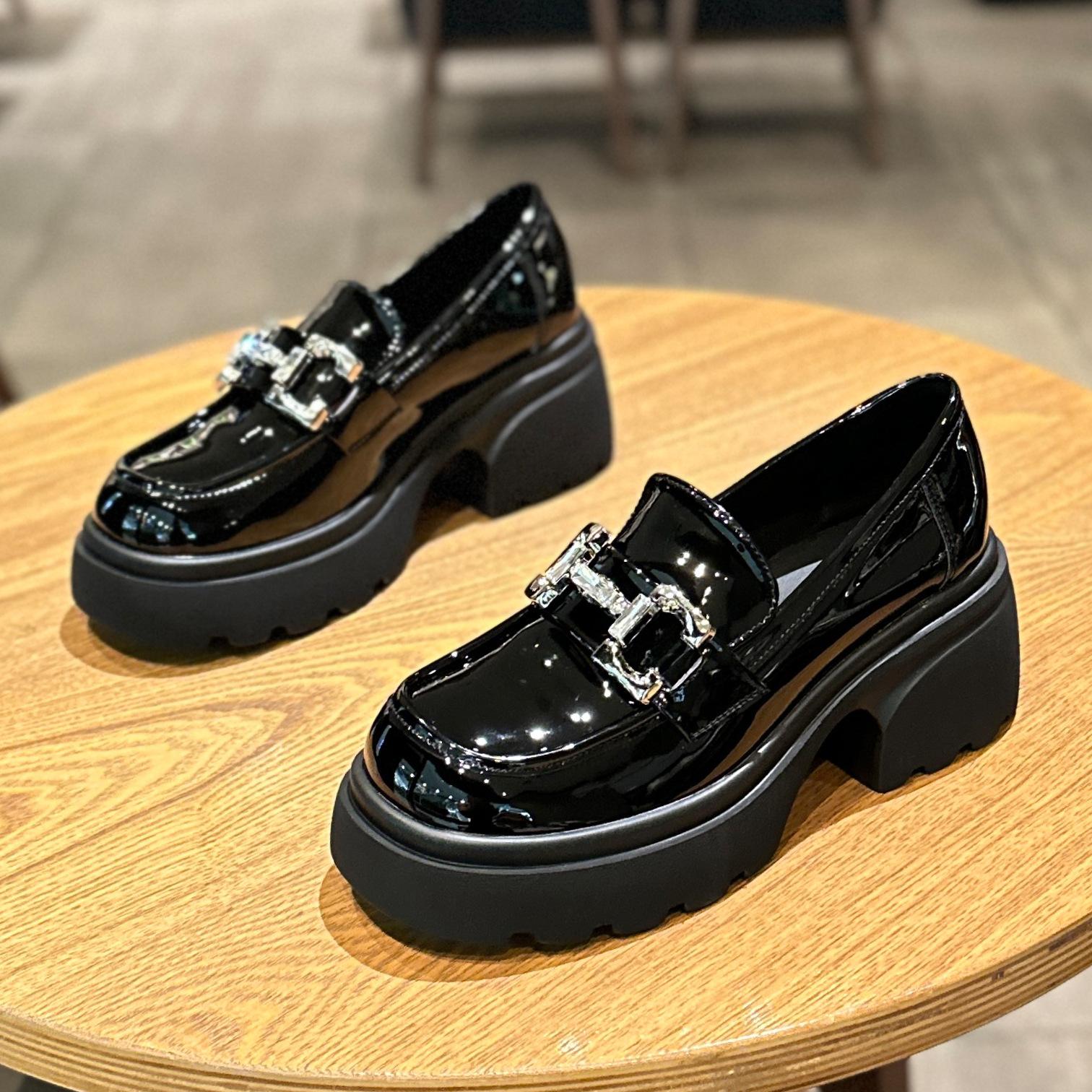 

Туфли на толстом каблуке, женская обувь, весна 2025, новые кожаные туфли с увеличенным каблуком, детские туфли в британском стиле, туфли на высоком каблуке 40 чёрный