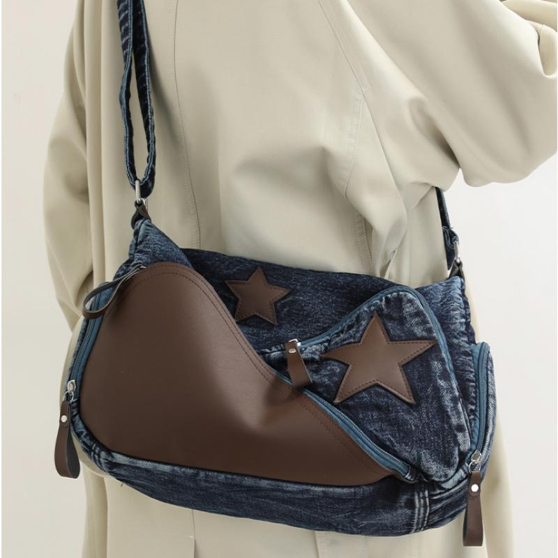Women'S Shoulder Bag Ladies Large Capacity Denim Shoulder Crossbody Bag Leisure Commuting Handbag Star Tote Bag