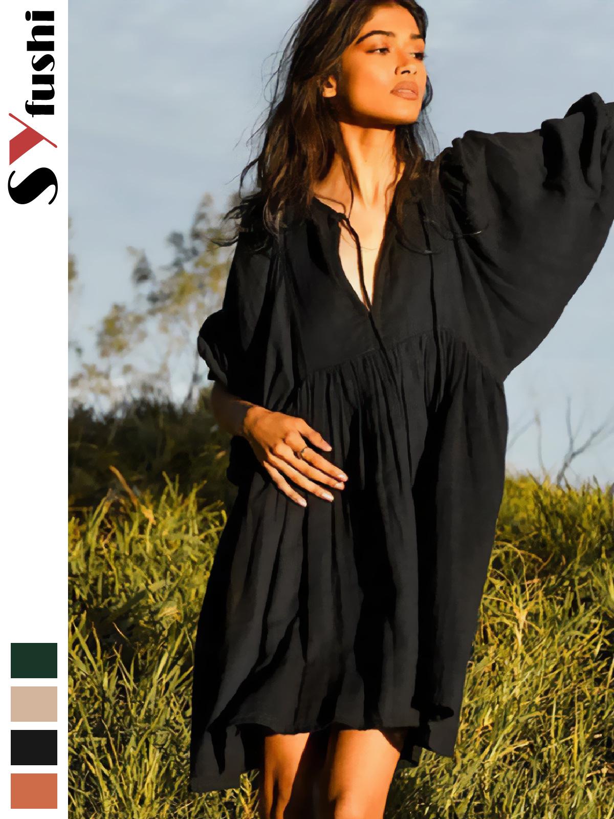 

Women s Plus Size Casual Lantern Sleeve Spring/Summer Dress M оранжевый