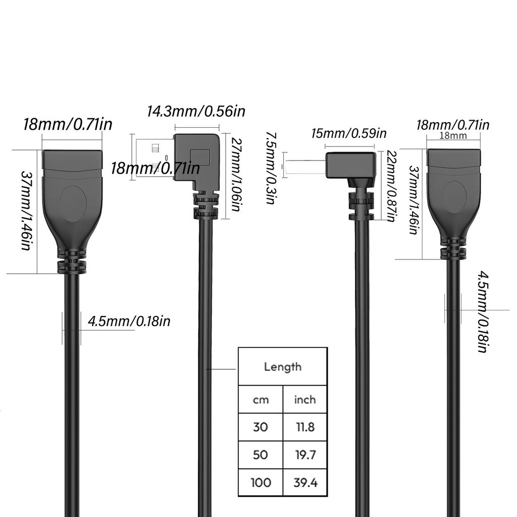USB 2.0 Extension Cable 480Mbps 90 Degree Right/Left/Up/Down Angles Charging Cable Space Saving Black