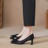 Bow black thick heel high heels women's autumn new temperament professional work satin single shoes
