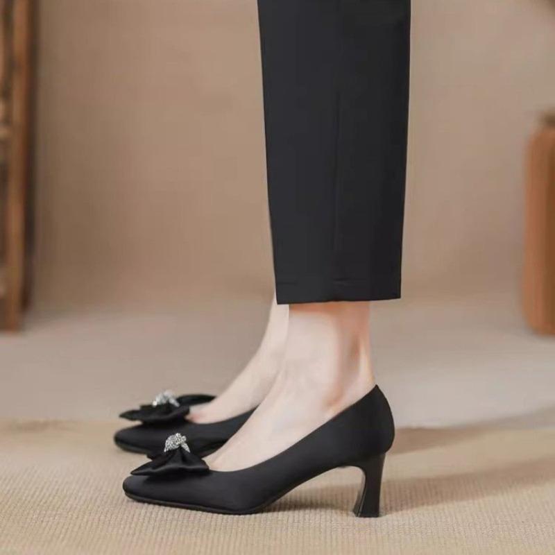 Bow black thick heel high heels women's autumn new temperament professional work satin single shoes