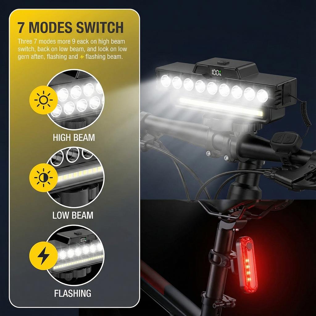 9 LED High Brightness Bike Light Power Display Front Warning Flashlight Shockproof Bike Lamp for Night Riding & Mountain Cycling