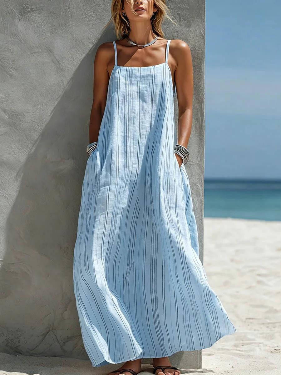 Women Strappy Sleeveless Striped Maxi Dress Solid Color Beach Casual Dress S светло-синий