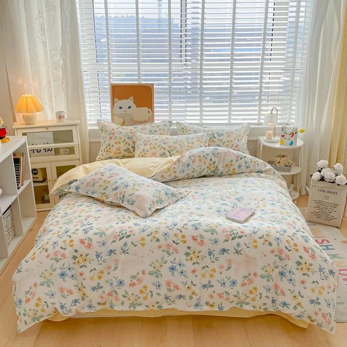 small fresh pure cotton abraded four-piece set, skin-friendly bed sheet washed cotton quilt cover, dormitory three-piece set