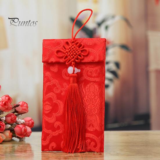 Faux Silk Red Envelope Chinese Wedding Red Pocket Lucky Money Hongbao Card Cash Envelope with Chinese Knot for New Year Spring Festival Wedding